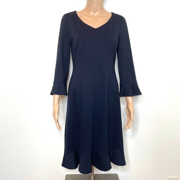Talbots Dress Womens US 2 Blue V Neck Sheath Bell Sleeve Flounce Ponte Stretch - Picture 1 of 10